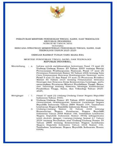 Permendiktisaintek No. 40 Tahun 2025 Rencana Strategis (Renstra) Kemendiktisaintek 2025 - 2029