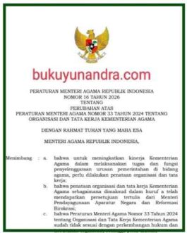 PMA 16 Tahun 2026 Organisasi dan Tata Kerja (Ortaker) Kemenag (Perubahan PMA 33 Tahun 2024)